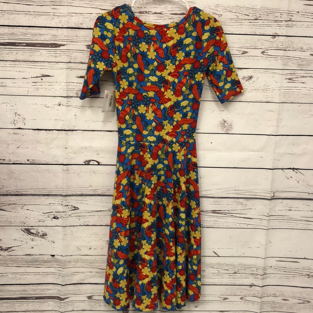 LulaRoe bright‎ feather ornament print Nicole dress - Picture 3 of 5